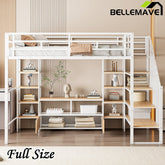 Bellemave® Full Size Metal Loft Bed with Staircase,Low Storage Table and Storage Shelves - Bellemave